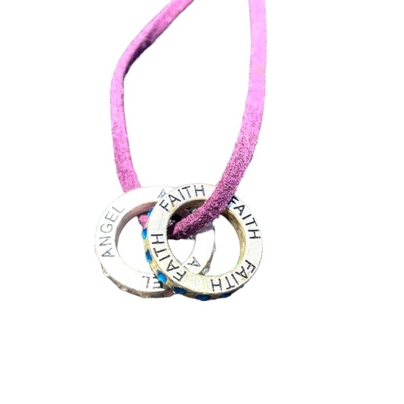 Purple Leather cord necklace with bling rings inscribed with Angel & Faith - Picture 2 of 6